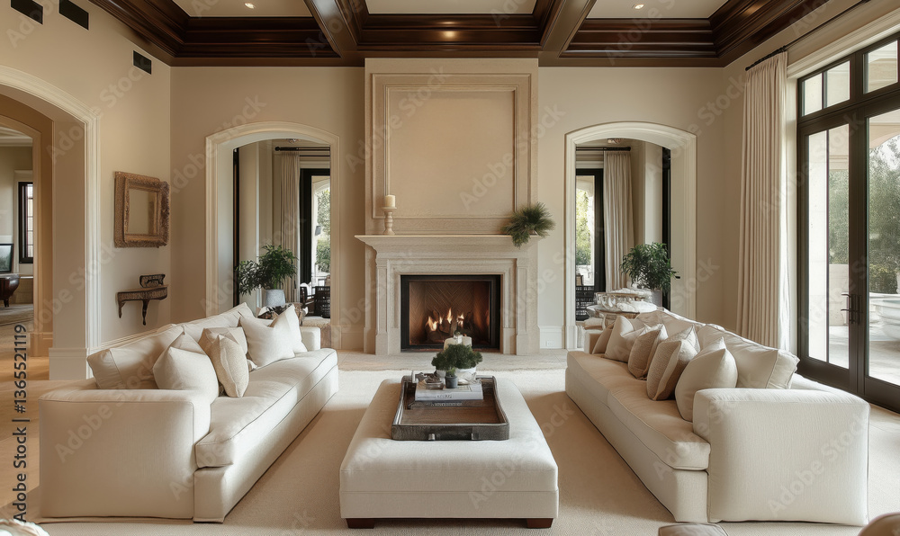 Elegant living room with fireplace, two white sofas, neutral decor, large windows, and cozy ambiance Elegant living room with fireplace, two white sofas, neutral decor, large windows, and cozy ambiance