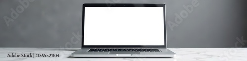 Wallpaper Mural Open laptop, blank screen, marble countertop, gray background, elegant, sleek Torontodigital.ca