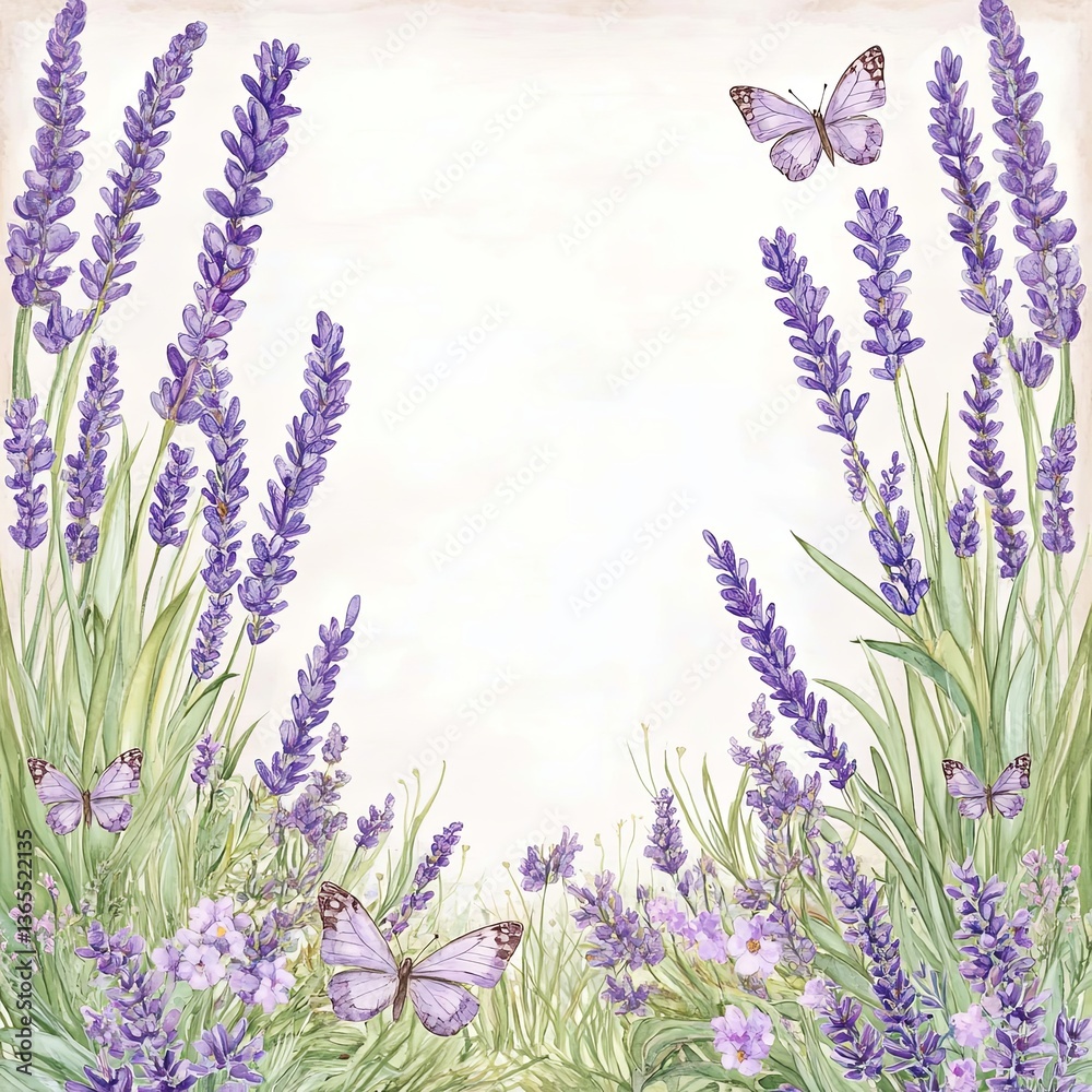 Naklejka premium Lavender floral frame with butterflies, elegant botanical border in watercolor style, Lavender flowers with butterflies in a garden, watercolor botanical card, butterfly flower frame.