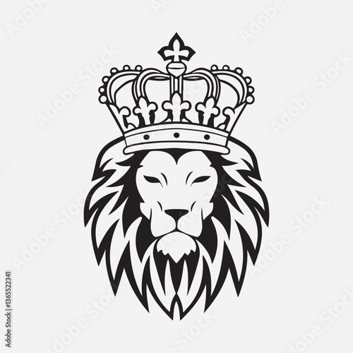 lion head with crown, king lion. crown on lion head logotype vector silhouette isolated on white background