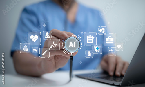 Doctor holds a stethoscope with glowing AI icons representing innovation in healthcare and intelligent medical technology for advanced diagnostics and smart care solutions