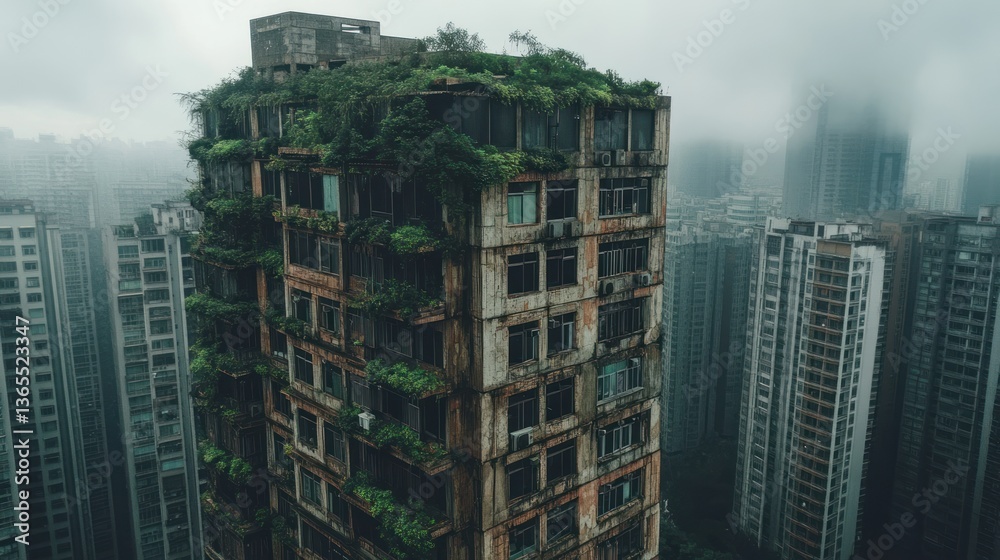 Obraz premium Abandoned high-rise building overgrown with vegetation in urban landscape.