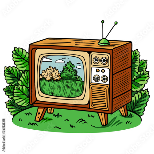 retro tv with green leaves