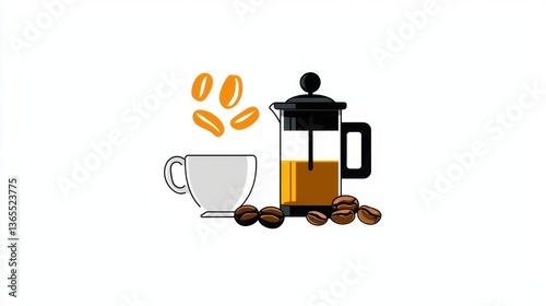 Coffee French Press with Cup and Coffee Beans in a Minimalist Modern Design Illustration