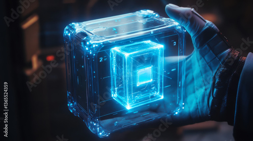 assistant glowing in blue light, securely holding private information