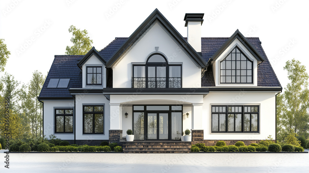 Elegant residential house with large windows and dark roof Elegant residential house with large windows and dark roof