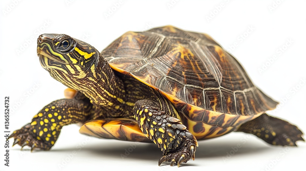 A turtle is walking with poise on a white backdrop in a wildlife photography studio setting with a close-up perspective A turtle is walking with poise on a white backdrop in a wildlife photography studio setting with a close-up perspective