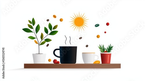 Vibrant Arrangement of Various Cups and Plants on a Wooden Shelf with Bright Illustrative Elements