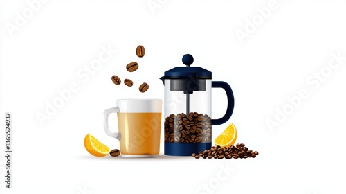 Vibrant Coffee Scene with French Press Cup and Fresh Lemons Symbolizing Refreshing Morning Beverages