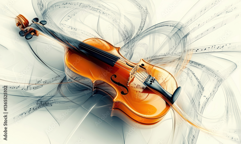 Fototapeta premium Violin with flowing musical notes, abstract art, vibrant colors, dynamic composition, elegant design