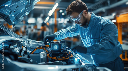 Automotive technician working on electric vehicle components, focused on assembly