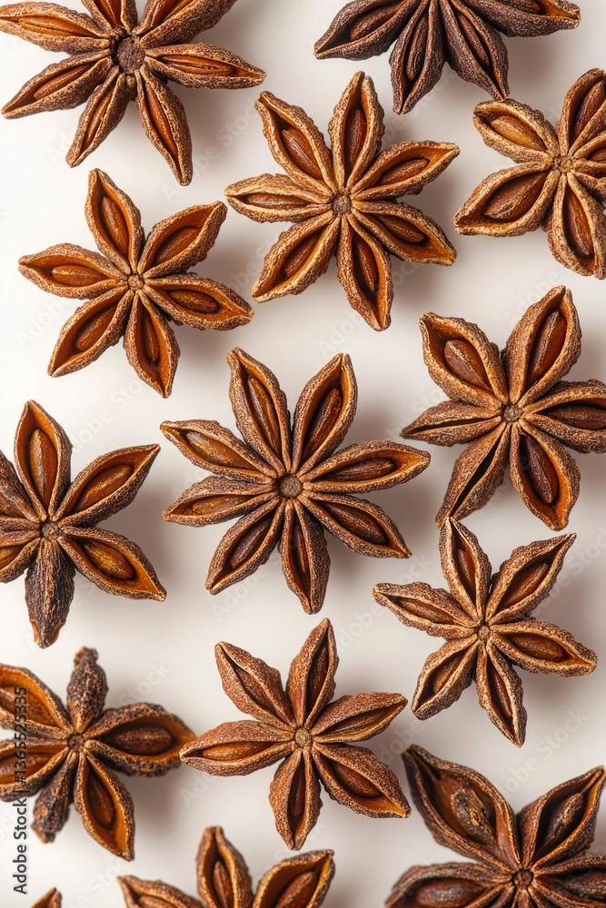 Fototapeta premium Several star anise spices are scattered on a white surface