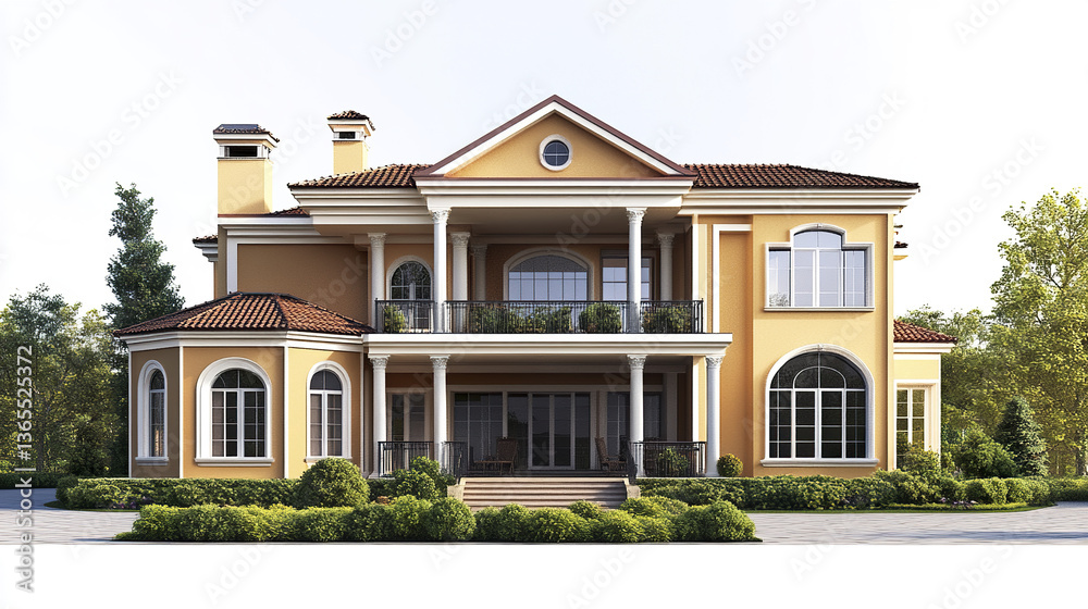 Fototapeta premium Elegant two story house with columns and arched windows, surrounded by greenery