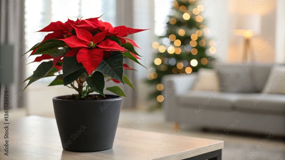 Fototapeta premium Bright red poinsettia in a black pot on a coffee table, with a decorated Christmas tree and cozy living room in the background.