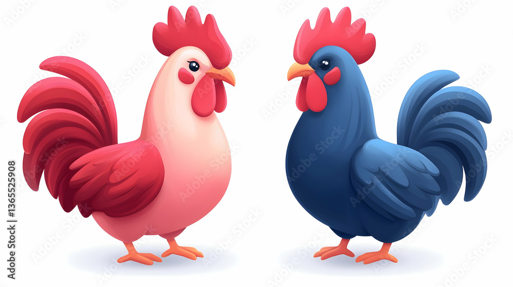 Fototapeta premium Two Roosters Facing Each Other, Red and Blue Cartoon Illustration