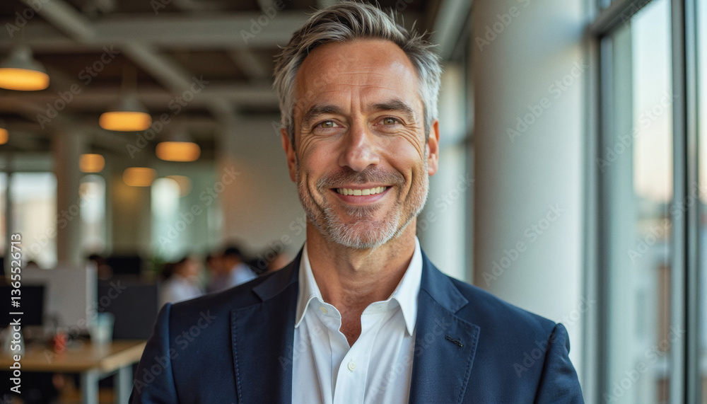 A portrait headshot photo of a friendly professional CEO executive business worker: A smiling, mature businessman with graying hair confidently poses in a modern office setting, wearing a navy su A portrait headshot photo of a friendly professional CEO executive business worker: A smiling, mature businessman with graying hair confidently poses in a modern office setting, wearing a navy su