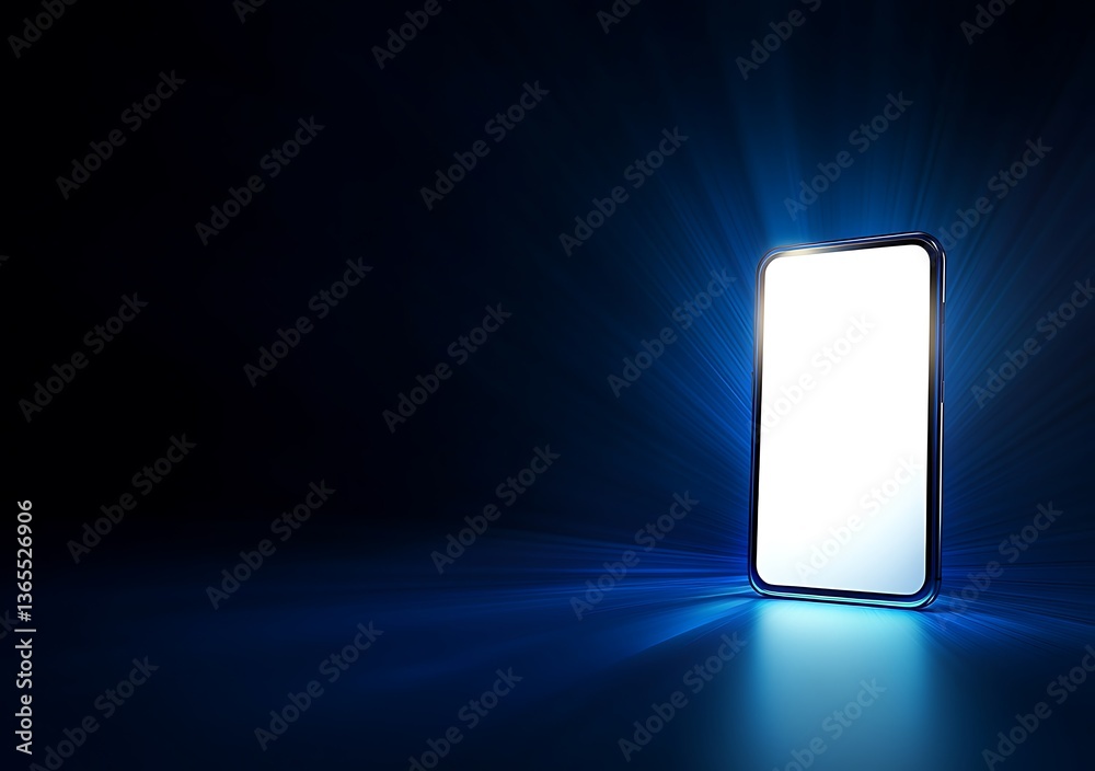 A glowing blue background with an empty white screen on the right side of it, illuminated by light rays that create shadows and highlights around the phone A glowing blue background with an empty white screen on the right side of it, illuminated by light rays that create shadows and highlights around the phone
