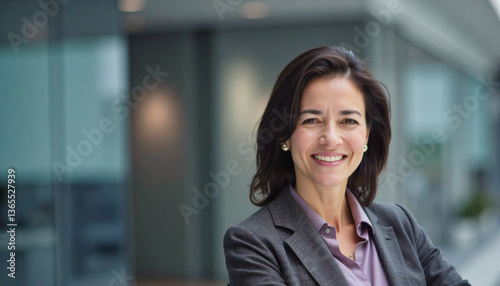 A portrait headshot photo of a friendly professional CEO executive business worker: A smiling businesswoman in a gray suit confidently poses in front of a modern glass building.