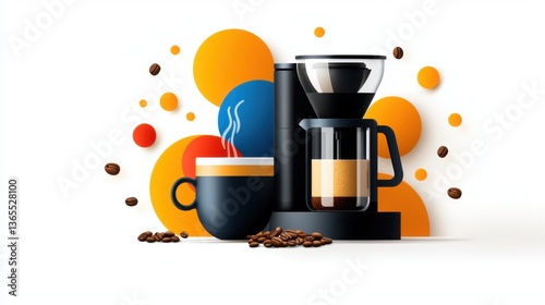 Stylized Coffee Maker with Colorful Abstract Shapes and Coffee Beans on White Background
