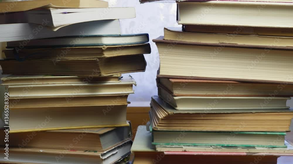 Person removes stacked literature study books from desktop workspace CLOSE-UP