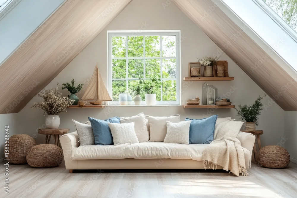 Fototapeta premium Scandinavian home interior design living room in attic with lining ceiling