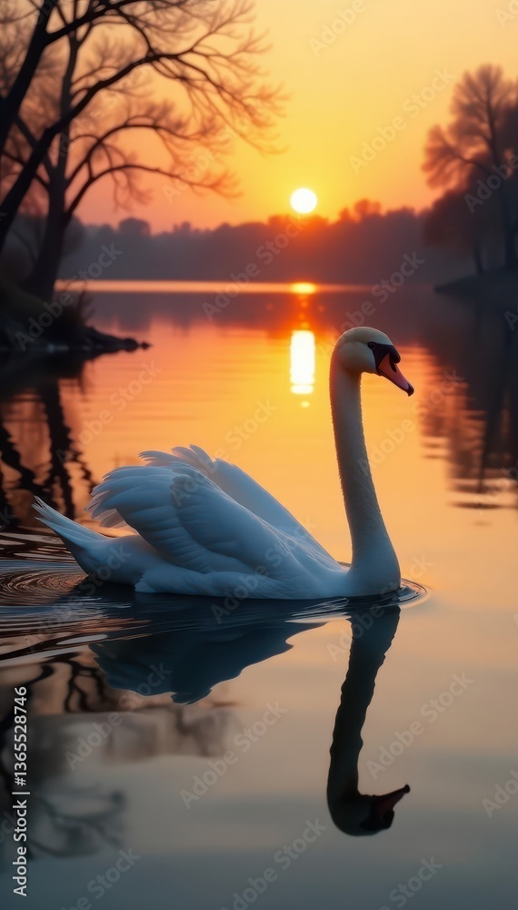 Fototapeta premium Graceful swans glide across still sunrise lake water, tranquility, beautiful, water