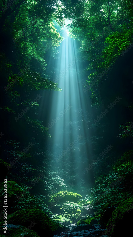 Obraz premium Sunlight Beams Through Lush Green Forest