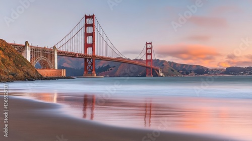 The suspension bridge appears stunning at sunset, with breathtaking evening views that make for majestic photography at dusk and serve as inspiration for colorful ultrarealistic art of the bridge