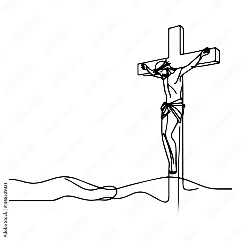 continuous line vector of jesus on the cross with symbolic hand below