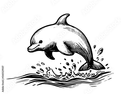  dolphin jumping from ocean waves, blackandwhite vector marine life illustration