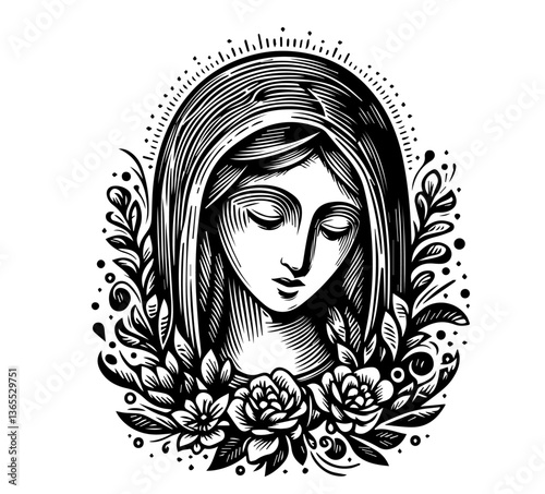 black and white vector portrait of virgin mary with closed eyes and floral decoration in vintage style