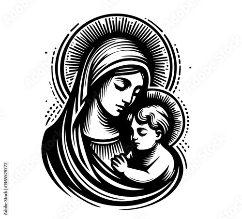 madonna with baby in vintage line art