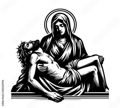 pieta religious scene in black and white vector
