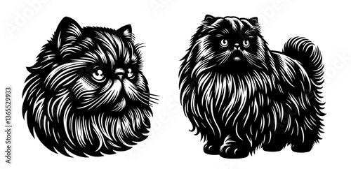 Vintage stipple Persian cats standing and sitting – monochrome vector set