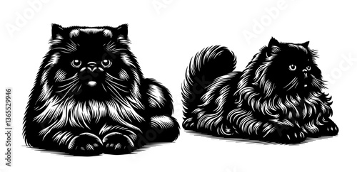 Engraved Persian cats lying relaxed – detailed black‑and‑white vector set