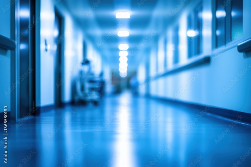 A dimly lit hospital corridor showcasing a clean, sterile environment with medical equipment A dimly lit hospital corridor showcasing a clean, sterile environment with medical equipment