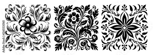 Ornamental floral damask tile pattern set – monochrome vector illustration