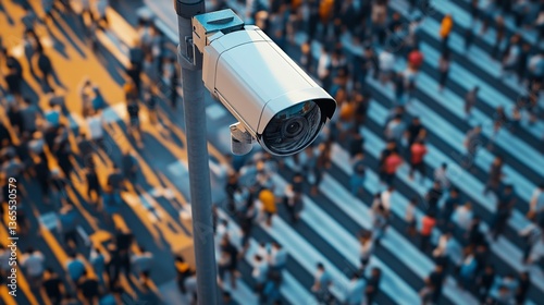 City Street Surveillance Camera Monitoring Crowded Urban Area With Blurred Pedestrians