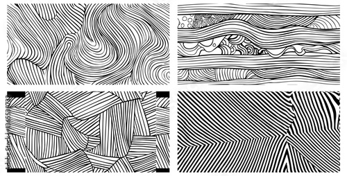 set of four abstract wavy line patterns, optical illusion black and white vector backgrounds