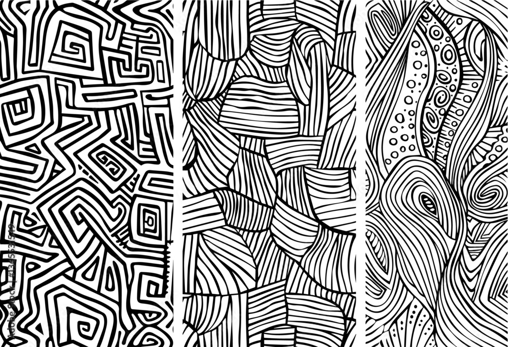 set of three abstract line art patterns with maze, wave and organic shapes, black and white vector