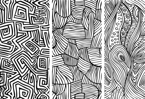 set of three abstract line art patterns with maze, wave and organic shapes, black and white vector