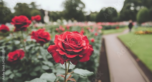 In the Serene Rose Garden, a beautiful path winds its way through a garden overflowing with vibrant red roses and poppies