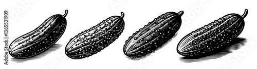 vintage vector of four cucumbers in engraving style, black and white hand drawn illustration