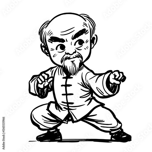 kung fu master black and white vector illustration
