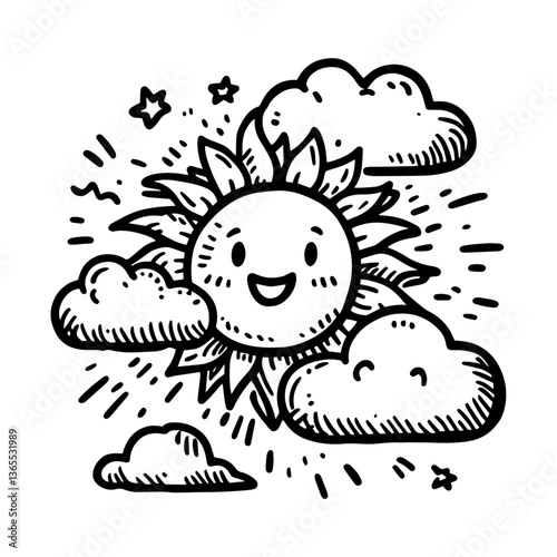 cartoon-style vector of smiling sun with clouds, hand drawn in black and white line art