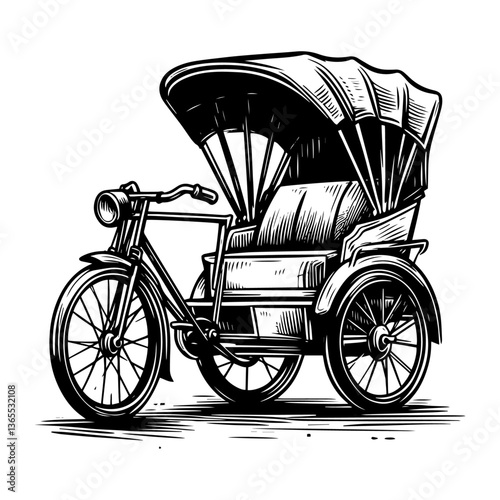vintage rickshaw bicycle with canopy, hand drawn black and white engraving style vector illustration