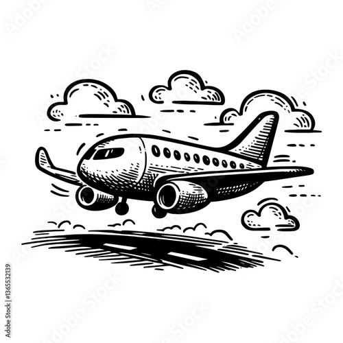airplane taking off, black and white vintage engraving style vector with clouds and sky