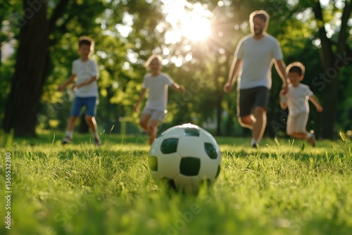 Family playing soccer in grass outdoors