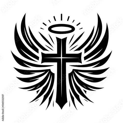 winged cross with halo bold black vector