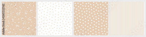 Vector illustration. Set of seamless patterns in beige tones, ditsy flowers, dots, hearts, stripes. Summer, spring fabric design,  baby design, wrapping paper